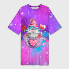 Платье-футболка 3D с принтом Влюбленный гномик в кружке в Тюмени,  |  | 14 февраля | iloveyou | love | влюбленным | день влюбленных | люблю | люблютебя | любовь | милая | милота | милый | нежность | признанеивлюбвю | признание | сердечко | сердце