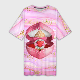 Платье-футболка 3D с принтом Гномик дарит сердечко в Тюмени,  |  | Тематика изображения на принте: 14 февраля | iloveyou | love | влюбленным | день влюбленных | люблю | люблютебя | любовь | милая | милота | милый | нежность | признанеивлюбвю | признание | сердечко | сердце