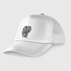 Детская кепка тракер с принтом Огромный могучий слон в Тюмени, Козырек - 100% хлопок. Кепка - 100% полиэстер, Задняя часть - сетка | универсальный размер, пластиковая застёжка | ears | elephant | giant | tusks | бивни | гигант | слон | уши