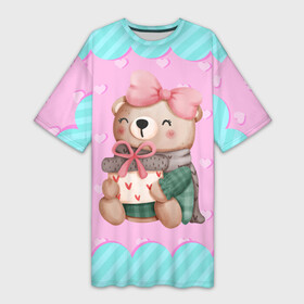 Платье-футболка 3D с принтом Мишка с подарками  день влюбленных в Тюмени,  |  | 14 февраля | iloveyou | love | влюбленным | день влюбленных | люблю | люблютебя | любовь | милая | милота | милый | нежность | признанеивлюбвю | признание | сердечко | сердце