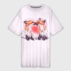 Платье-футболка 3D с принтом Лисья Любовь (Влюблённые) в Тюмени,  |  | 14 февраля | 8 марта | fox | i love you | love is | валентин | день святого | животные | игрушка | лиса | любовь | надпись | парные | поцелуй | сердечки | сердце | текст | химия | я тебя люблю
