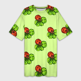 Платье-футболка 3D с принтом Божья коровка и клевер на зеленом. в Тюмени,  |  | 4 х листник | green | ladybird | ladybug | акварель | божьи коровки | божья коровка | зеленый | клевер | насекомое | насекомые | примета | символ счастья | удача | четырехлистник