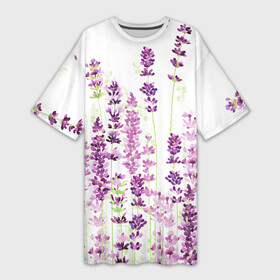 Платье-футболка 3D с принтом Цветы Лаванды акварелью в Тюмени,  |  | flowers | lavender | spring | summer | watercolor | акварель | акварельные цветы | букет | бутоны | весна | ветви | ветки | лаванда | лавандовое поле | лепестки | лето | листья | нарисованные цветы | поляна | природа
