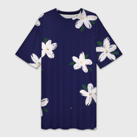 Платье-футболка 3D с принтом Белые ромашки на синем фоне в Тюмени,  |  | белые ромашки | веселый принт | весенний принт | весна | летний принт | лето | мультяшные цветы | природа | рисунок маслом | ромашки | синий фон | синий цвет | цветы | цветы маслом