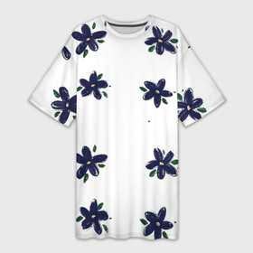 Платье-футболка 3D с принтом Синие ромашки на белом фоне в Тюмени,  |  | веселый принт | весенний принт | весна | летний принт | лето | мультяшные цветы | природа | рисунок маслом | ромашки | синие ромашки | синий цвет | цветы | цветы маслом