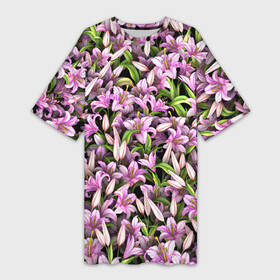Платье-футболка 3D с принтом Лилии цветут в Тюмени,  |  | 8 марта | букет | клумба | лилия | паттерн | цветочки | цветы