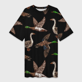 Платье-футболка 3D с принтом Утки паттерн в Тюмени,  |  | водоплавающие | гусеобразные | гуси | охота | охотник | паттерн | природа | птицы | селезень | турист | утки