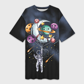 Платье-футболка 3D с принтом Космонавт на шарах из планет в Тюмени,  |  | воздушные шары | галактика | звезды | космонавт | космос | планеты
