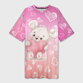 Платье-футболка 3D с принтом Милый мишка в сердечках в Тюмени,  |  | медведь | медвежонок | мишка | сердечки | сердце