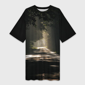 Платье-футболка 3D с принтом Тенистый путь в Тюмени,  |  | асфальт | деревья | дорога | дымка | лес | природа | рассвет | светлый | серый | солнечные лучи | тропа