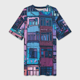 Платье-футболка 3D с принтом Night aesthetics Japan в Тюмени,  |  | аниме пейзаж | арт | без л | весна | вечер | вид из окна | дом | дома | квартира | квартиры | киберпанк текстура здания | классная | классный | лето | муравейник | на каждый день | ночь | окна | окно