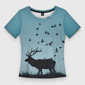 Женская футболка 3D Slim с принтом Северный Олень  Reindeer в Тюмени,  |  | весна | весну | голубая | контур | лес | лето | минимализм | на каждый день | образ | очертание | пейзаж | птицы | птички | рисунок | силуэт северного оленя | тайга | тень | фигура | черная | черный