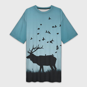 Платье-футболка 3D с принтом Северный Олень  Reindeer в Тюмени,  |  | весна | весну | голубая | контур | лес | лето | минимализм | на каждый день | образ | очертание | пейзаж | птицы | птички | рисунок | силуэт северного оленя | тайга | тень | фигура | черная | черный