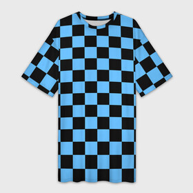 Платье-футболка 3D с принтом Шахматная доска  Синяя в Тюмени,  |  | в клетку | квадрат | квадратики | синий | шахматный принт | шахматы | шашки