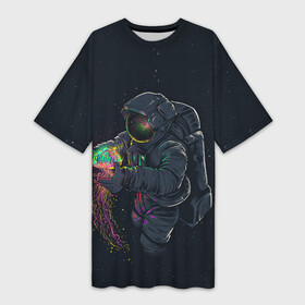 Платье-футболка 3D с принтом Космонавт и медуза в Тюмени,  |  | астронавт | вселенная | галактика | звезды | космонавт | космос | медуза | скафандр | сюрреализм