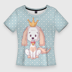 Женская футболка 3D Slim с принтом Милая собачка с короной на фоне сердечек в Тюмени,  |  | корона | пес | песик | собака | собачка | щенок