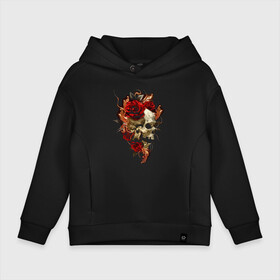 Детское худи Oversize хлопок с принтом Skull  Roses в Тюмени, френч-терри — 70% хлопок, 30% полиэстер. Мягкий теплый начес внутри —100% хлопок | боковые карманы, эластичные манжеты и нижняя кромка, капюшон на магнитной кнопке | flower | jaw | rose | skull | пасть | роза | цветок | череп