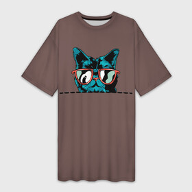 Платье-футболка 3D с принтом Стильный кот в очках в Тюмени,  |  | blue | cat | kitty | в | выглядывает | голова | кот | кота | котенок | кошка | нарисованная | очках | очки | синяя | солнцезащитные | стильный