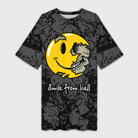 Платье-футболка 3D с принтом Smile from hell в Тюмени,  |  | death | from hell | skull | smile | smiley torn | из ада | смайлик разорванный | улыбка | череп