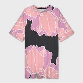 Платье-футболка 3D с принтом Розовые цветы кристаллы в Тюмени,  |  | в цветочек | весна | на черном | розовые тюльпаны | розовые цветочки | розовые цветы | розовый | тюльпаны | цветочки | цветы