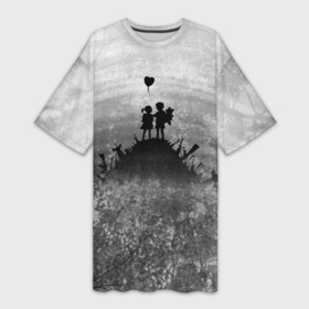 Платье-футболка 3D с принтом Бэнкси Дети Любовь Banksy в Тюмени,  |  | Тематика изображения на принте: art | banksy | create | kid | love | peace | бенкси | бэнкси | граффити | дети | исскуство | лес | любовь | мир | небо | текстура | узоры | художник | чб | шар