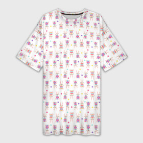 Платье-футболка 3D с принтом Веселые кролики с пасхальными яйцами в Тюмени,  |  | Тематика изображения на принте: белый фон | бирюзовый | детский | желтый | зайчик | заяц | кролик | мультяшный стиль | пастельные тона | пасха | пасхальный | персонаж | розовый | фиолетовый | яйцо