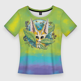 Женская футболка 3D Slim с принтом Лиса фенек среди цветов в Тюмени,  |  | акварель | бабочка | божья коровка | глаза | живопись | животное | круг | лис | лиса | луг | небо | персонаж | поле | пятно | рыжий | фенек | цветок | цветы