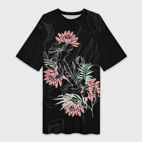 Платье-футболка 3D с принтом Букет с розовыми георгинами в Тюмени,  |  | best friends | bouquet | color graphics | field | flowers | forever | garden | pink dahlias | букет | полевые | розовые георгины | садовые | цветная графика | цветы