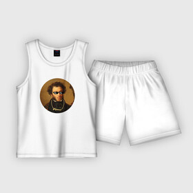 Детская пижама с шортами хлопок с принтом Пушка в Тюмени,  |  | бюст | мем | очки | портрет | поэт | прикол | пушкин | цепь