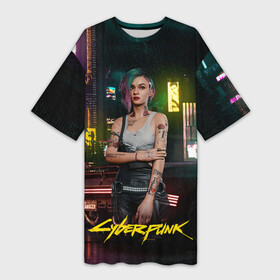 Платье-футболка 3D с принтом Judy cyberpunk2077 в Тюмени,  |  | 2077 | cyberpunk | cyberpunk 2077 | judy | night city | vi | ви | джуди | жуди | кибер | киберпанк | найтсити | панк