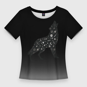 Женская футболка 3D Slim с принтом Звездный черный волк в Тюмени,  |  | волк | волки | волчица | звездное небо | звезды