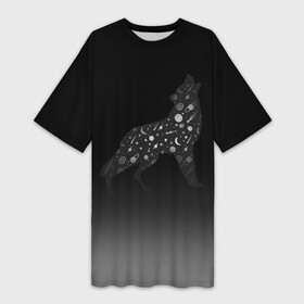 Платье-футболка 3D с принтом Звездный черный волк в Тюмени,  |  | волк | волки | волчица | звездное небо | звезды