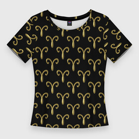 Женская футболка 3D Slim с принтом Золотой овен на черном фоне. Паттерн в Тюмени,  |  | 3d | 3д | апрель | бесшовный | гороскоп | знак | зодиак | золото | золотой | март | металл | на день рождения | овен | паттерн | псевдо 3d | символ | узор | черный фон