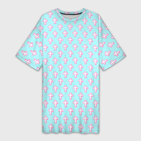 Платье-футболка 3D с принтом кресты голубой фон в Тюмени,  |  | Тематика изображения на принте: blue | cross | crosses | cute | cute background | neon | pattern | pink | polka dots | горошек | крест | кресты | неон | няшный | няшный фон | паттерн | розовый