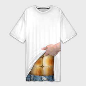 Платье-футболка 3D с принтом Мучные кубики в Тюмени,  |  | булки | джинса | кубики | мучное | пресс | прикол | рука | спорт | хлеб