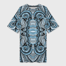 Платье-футболка 3D с принтом Абстрактный узор в дудл стиле. Рисунок от руки. Линии, волны, полосы. Синий, голубой, черный, серый и белый цвета. в Тюмени,  |  | абстрактный | абстракция | волнистый | волны | дудл | дудлинг | индейский | линер | линии | мексиканский | национальный | перуанский | полосатый | полосы | разноцветный | рисунок от руки | серый