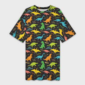 Платье-футболка 3D с принтом Разноцветные Динозавры в Тюмени,  |  | dinosaur | dinosaur era | pangolin | predator | pterodactyl | reptile | reptiloid | the dragon | the serpent | tyrannosaurus | динозавр | дракон | ледниковый период | птеродактиль | тираннозавр | хищник | эра динозавров | ю