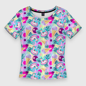 Женская футболка 3D Slim с принтом Единороги на радужном фоне с мороженым в Тюмени,  |  | dab unicorn | horse | ice cream | pony | unicorn | единорог | животное | зверь | конь | лошадь | мифическое существо | мороженое | мультик | пони | радуга | сказка | фламинго
