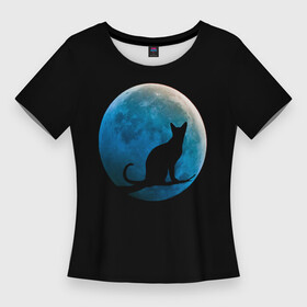 Женская футболка 3D Slim с принтом Силуэт кота на фоне синей луны в Тюмени,  |  | background | blue | branch | cat | darkness | glow | kitten | moon | night | on | reflect | silhouette | sphinx | sunset | tree | ветка | дерево | закат | кот | кота | котенок | кошка | луна | луны | на | ночь | отблеск | сансет | свечение | силуэт | сине