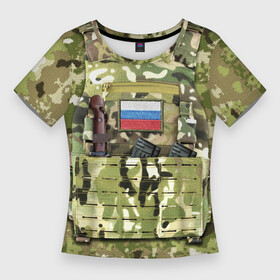 Женская футболка 3D Slim с принтом Бронежилет с боекомплектом в Тюмени,  |  | Тематика изображения на принте: армия | боекомплект | бронежилет | камуфляж | магазин акм | солдатский | флаг россии | шеврон | штык нож