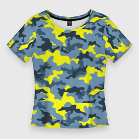 Женская футболка 3D Slim с принтом Камуфляж Жёлто Голубой в Тюмени,  |  | blue | camo | camouflage | yellow | жёлтый | камуфляж