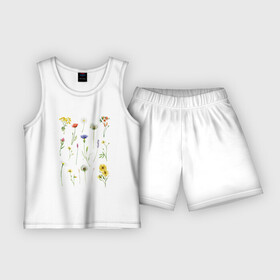 Детская пижама с шортами хлопок с принтом Акварельная иллюстрация полевых цветов в Тюмени,  |  | акварельный рисунок цветов | василек | иллюстрация цветов | клевер | луговые цветы | лютик | мак | одуванчик | пижма | полевые цветы | ромашка | цветы акварелью