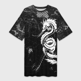 Платье-футболка 3D с принтом Китайский Дракон Чб Dragon Snake в Тюмени,  |  | beast | dark | dragon | fire | grunge | дракон | животные | зверь | змей | иероглифы | когти | огонь | пепел | пламя | потертости | узор | чб | японский
