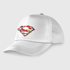 Детская кепка тракер с принтом Logo Superman в Тюмени, Козырек - 100% хлопок. Кепка - 100% полиэстер, Задняя часть - сетка | универсальный размер, пластиковая застёжка | dc | буква | герой | знак | кларк кент | комиксы | логотип | персонаж | супермен