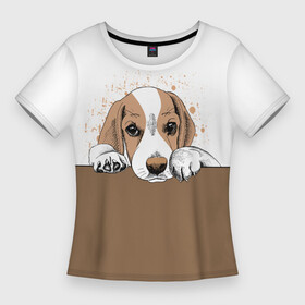 Женская футболка 3D Slim с принтом Грустный Щенок Бигля в Тюмени,  |  | animal | beagle | dog | hunting dog | бигль | год собаки | гончая собака | друг человека | животное | зверь | кинолог | охотничья собака | пес | порода собак | собака бигль | собаковод | собачка | хищник