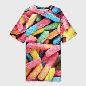 Платье-футболка 3D с принтом Мармеладные червячки в Тюмени,  |  | sweet | десерт | макаронс | мармелад | мармеладки | мармеладные червячки | пирожные | разноцветные | сахар | сладкий пирожок | сладкий пирожочек | сладкоежка | сладкоешка | сладости | червяки
