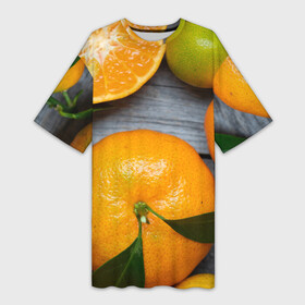 Платье-футболка 3D с принтом Мандаринки на деревянном столе в Тюмени,  |  | orange | дерево | лето | листья | новый год | оранж | осень | свежесть | сок | уют | цитрус | цитрусовые