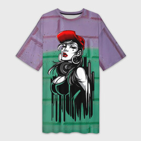 Платье-футболка 3D с принтом Девушка в красной кепке в Тюмени,  |  | губы | девушка | кепка | кирпич | стена
