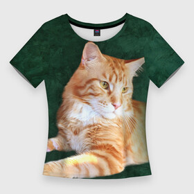 Женская футболка 3D Slim с принтом Мейн кун рыжий кот в Тюмени,  |  | cat | зеленая | зеленый | кот | котенок | котик | красивый | кун | мейн | порода | рыжий | фотография
