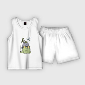Детская пижама с шортами хлопок с принтом ЛЯГУШКА ПОД ЦВЕТКОМ в Тюмени,  |  | animal | dragonfly | flower | frog | toad | жаба | животное | лягушка | стрекоза | цветок